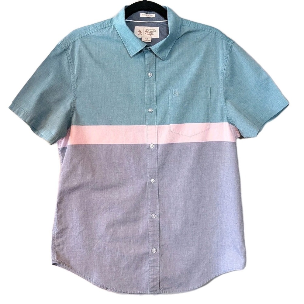 Sz L Men's Slim Fit 100% Cotton Cabana Club Button Short Sleeve 80's Preppy